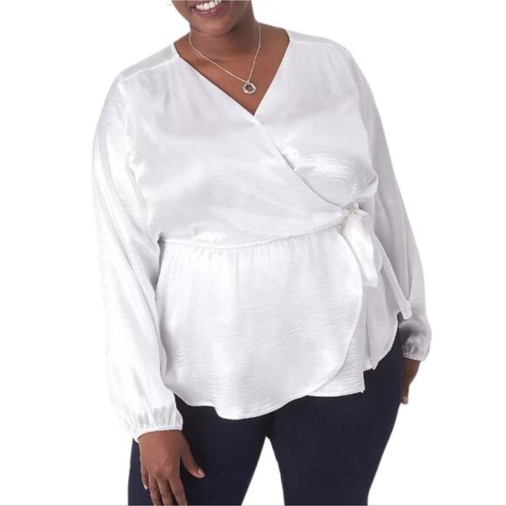Lane‎ Bryant Classic Long-Sleeve Surplice-Neck Belted Satin Top Plus Size New